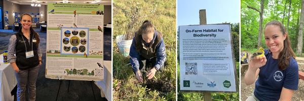 Cassie Wolfanger presents poster, plants seedlings and holds yellow bird.